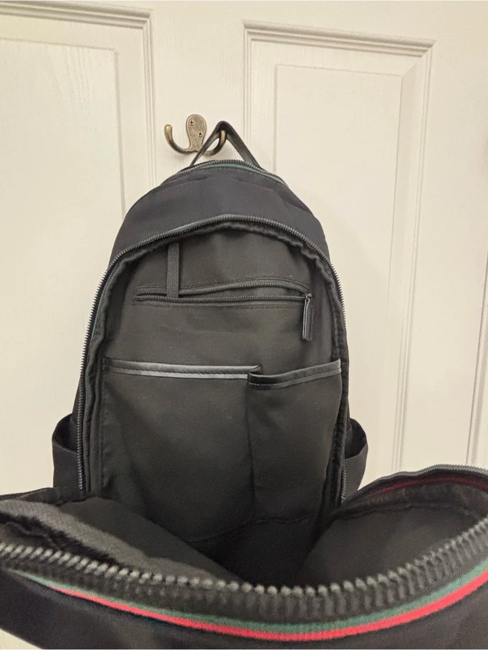 Joan & David Black Nylon Backpack Red Green Stripe Multi Pocket Travel Bag